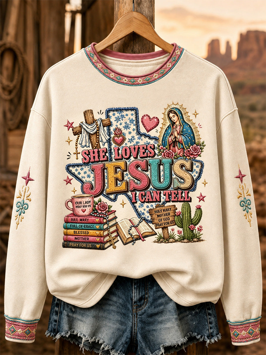 Women's She Loves Jesus I Can Tell Print Casual Sweatshirt
