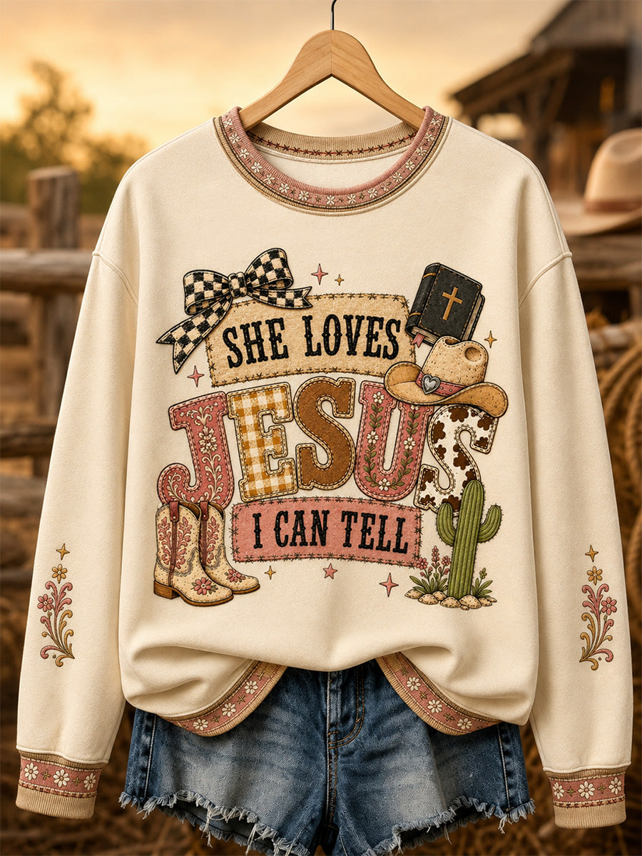 Women's She Loves Jesus I Can Tell Print Casual Sweatshirt