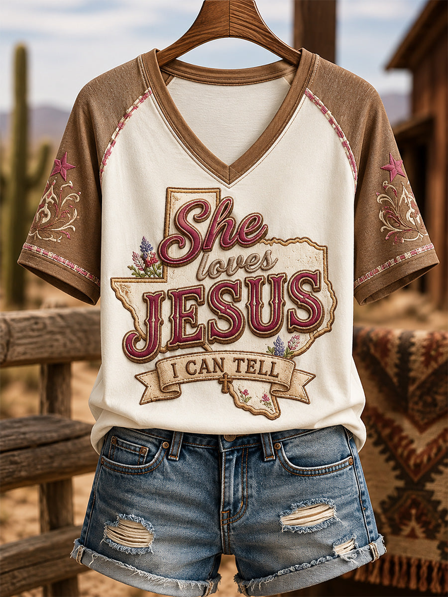 Women's She Loves Jesus I Can Tell Print Casual V-Neck Tee