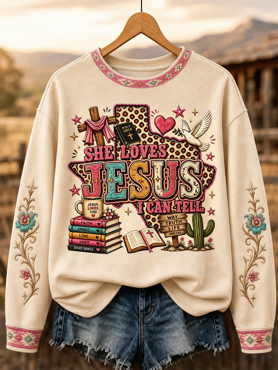 Women's She Loves Jesus I Can Tell Print Casual Sweatshirt