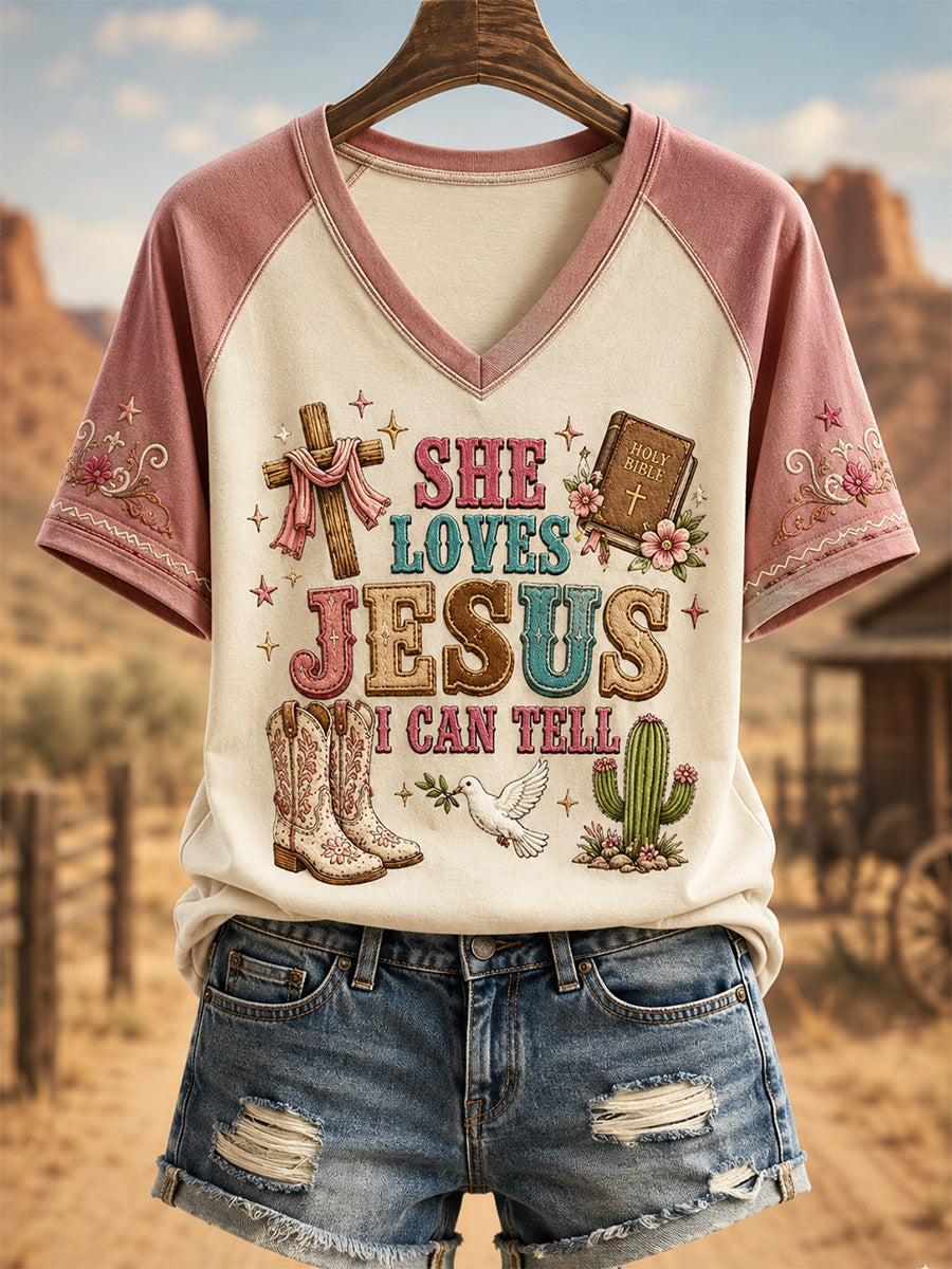 Women's She Loves Jesus I Can Tell Print Casual V-Neck Tee