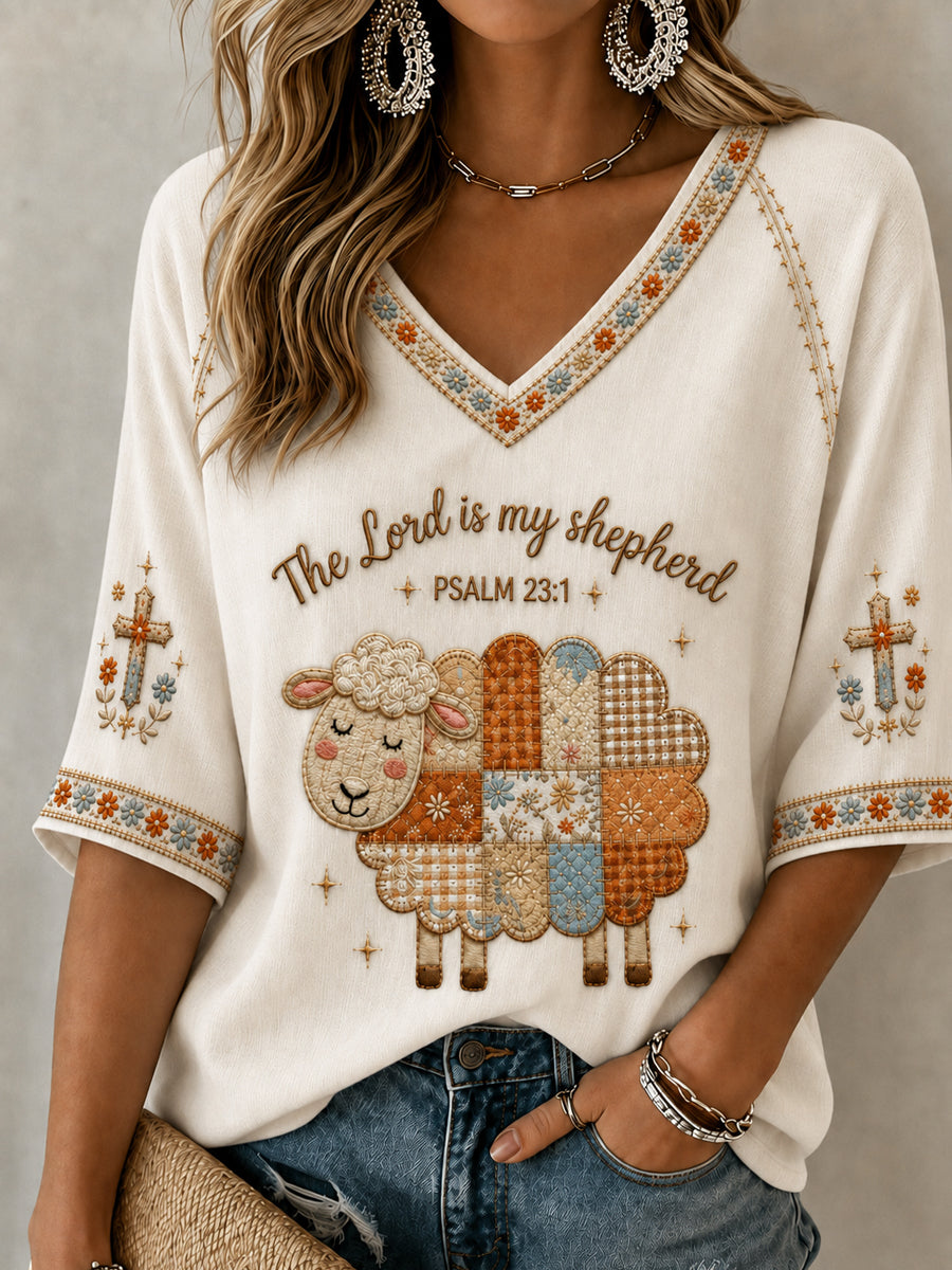 Women's Christian The Lord Is My Shepherd Mid-length Sleeves V-Neck T-Shirt