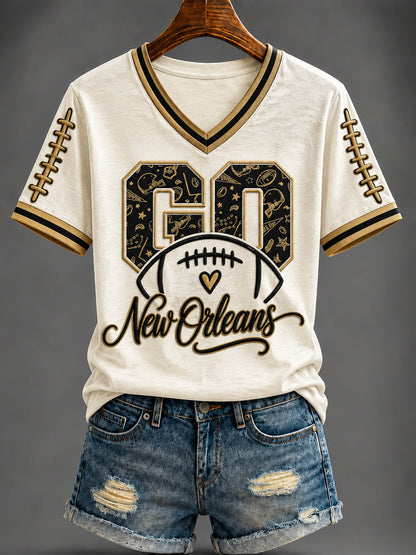 Women's America Football Printed V-neck T-shirt