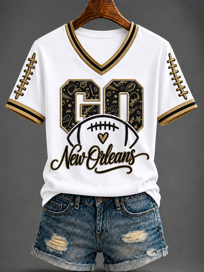 Women's America Football Printed V-neck T-shirt