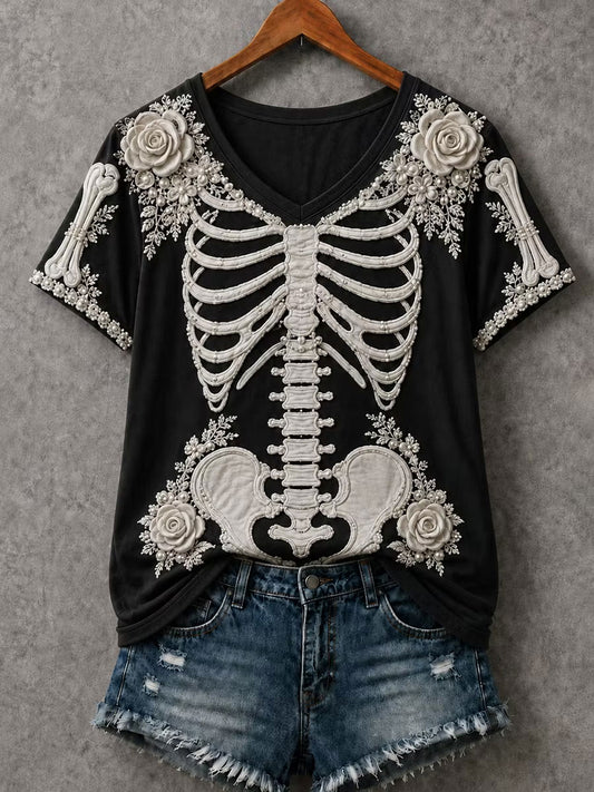Women's Halloween Skeleton Print Short-sleeved T-shirt