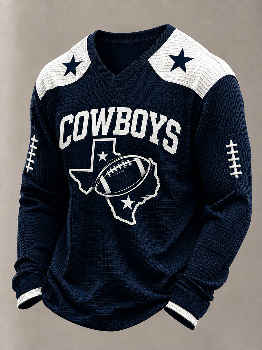 Men's Football Gameday Gift For Football Fans Casual Waffle Long Sleeve V-Neck Top