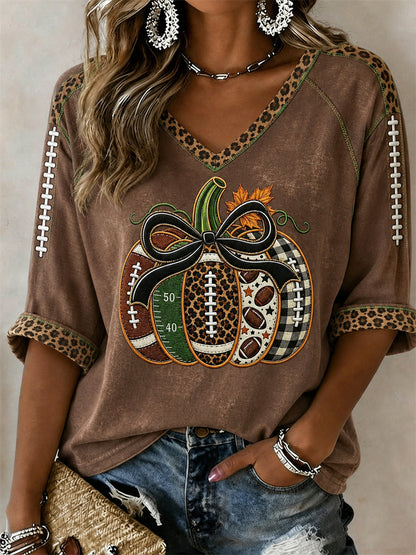 Women's Football Inspired Fall Pumpkin Print Mid-length Sleeves V-Neck T-Shirt