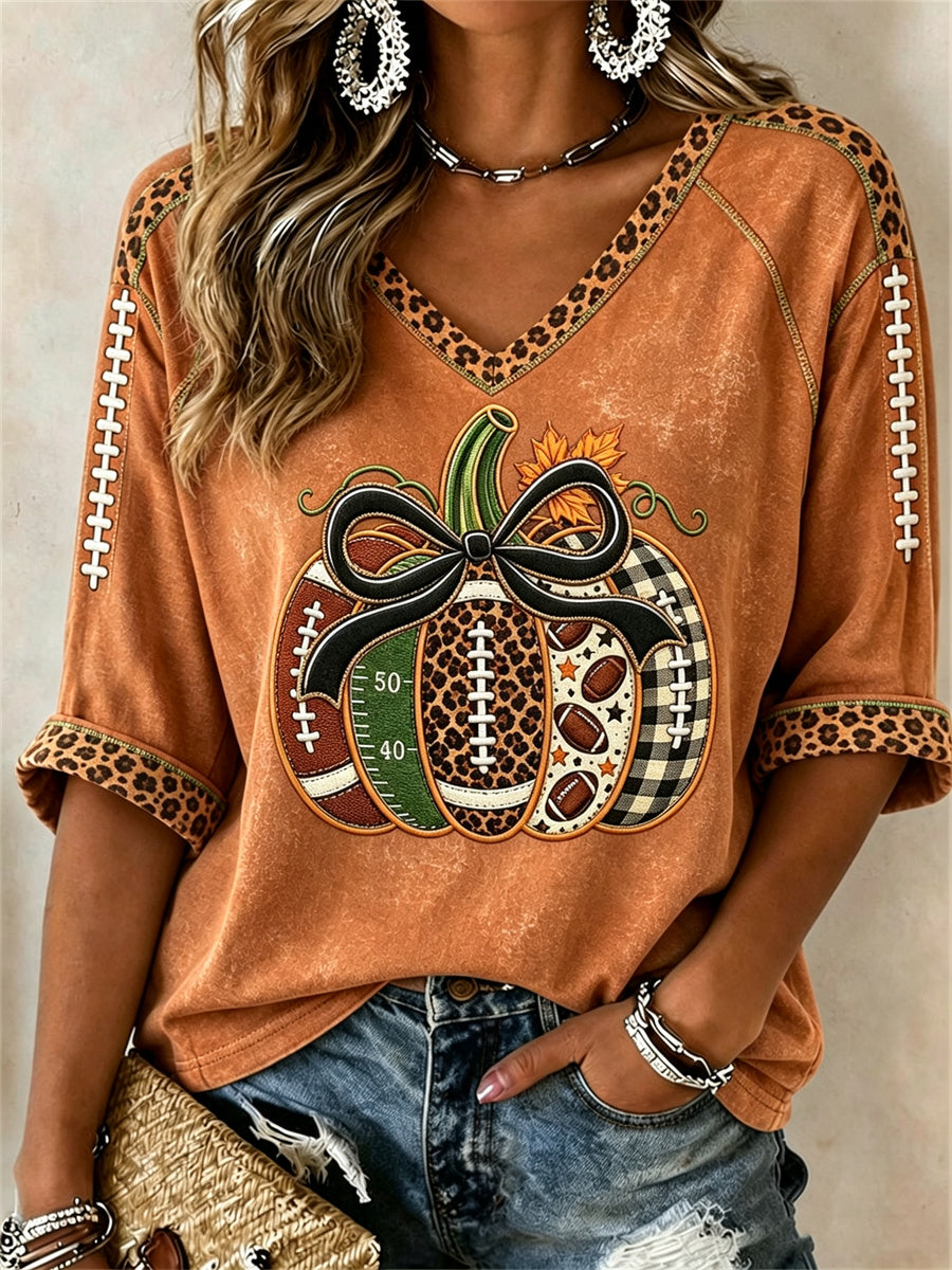 Women's Football Inspired Fall Pumpkin Print Mid-length Sleeves V-Neck T-Shirt