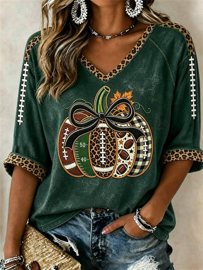 Women's Football Inspired Fall Pumpkin Print Mid-length Sleeves V-Neck T-Shirt
