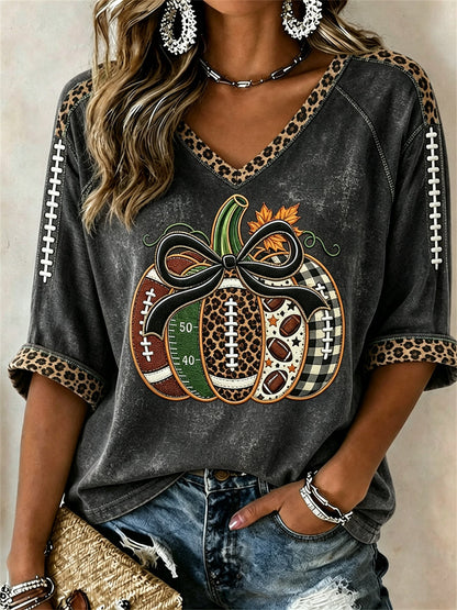 Women's Football Inspired Fall Pumpkin Print Mid-length Sleeves V-Neck T-Shirt