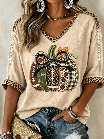 Women's Football Inspired Fall Pumpkin Print Mid-length Sleeves V-Neck T-Shirt
